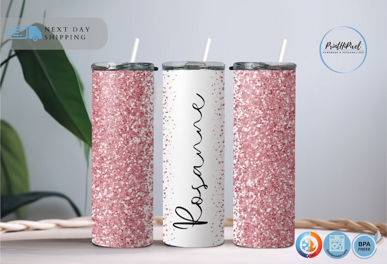 Personalized Glitter Name Tumbler, Custom Tumbler Glitter Effect, Silver Glitter Tumbler, Beach Tumbler, Summer Tumbler,Glitter 20oz Tumbler
