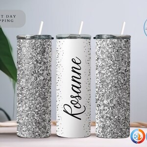 Personalized Glitter Name Tumbler, Custom Tumbler Glitter Effect, Silver Glitter Tumbler, Beach Tumbler, Summer Tumbler,Glitter 20oz Tumbler