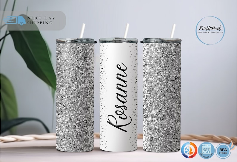 Personalized Glitter Name Tumbler, Custom Tumbler Glitter Effect, Silver Glitter Tumbler, Beach Tumbler, Summer Tumbler,Glitter 20oz Tumbler