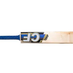 May include: A wooden cricket bat with a blue and black grip and a blue and gold sticker that says "Power Batting" on it.