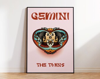 Funky Retro Pink Preppy Pastel Gemini Poster, Star Sign Print, Zodiac Print, Astrology Print, Modern Wall Art Decor, Cadeau pour Gémeaux