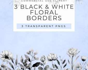 Black and White Floral Clipart Borders: Watercolor PNGs (Commercial Use)
