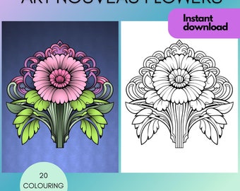 Art Nouveau Flowers coloring pages, 20 colouring pages for digital colouring or print