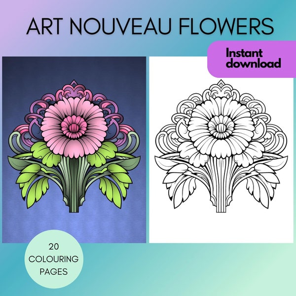 Art Nouveau Flowers coloring pages, 20 colouring pages for digital colouring or print