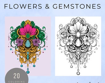 Art Nouveau Flowers and Gemstone colouring pages, 20 PDF files for digital colouring or print, 8.5" x 11"