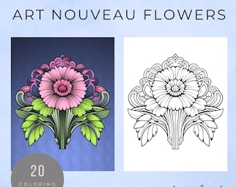 Art Nouveau Flowers coloring pages, 20 colouring pages for digital colouring or print