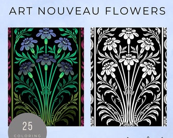 Art Nouveau Floral coloring pages, 25 botanical colouring book for digital colouring or to print
