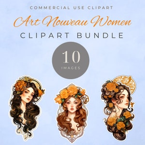 Art Nouveau Women clipart bundle, 10 PNG files for printable craft  - Vintage Clipart - Watercolor Clipart
