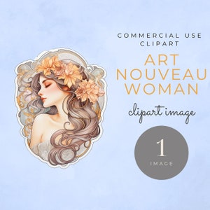Art Nouveau Woman clipart | SINGLE IMAGE | 1 transparent PNG file | Commercial Use License, Watercolor