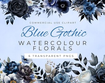 Gothic floral watercolor clipart pack, Transparent PNG Elements, Blue and grey botanical bundle
