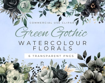 Gothic floral water color clipart pack, Transparent PNG Elements, Green and black botanicals