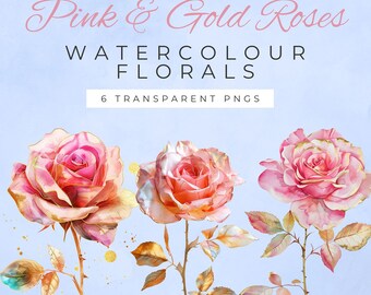 Pink and gold roses, watercolor clipart pack, Transparent PNG Elements, elegant botanicals for commercial use