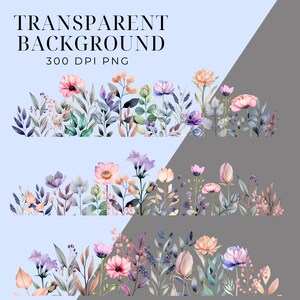 May include: Three rows of watercolour floral illustrations with a light blue and grey background. The flowers are in shades of pink, purple, and blue.