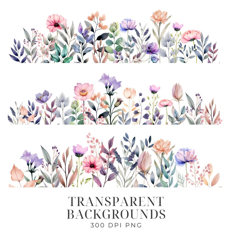 May include: Three rows of watercolour floral illustrations with a white background. The flowers are in shades of pink, purple, and blue. The text "TRANSPARENT BACKGROUNDS 300 DPI PNG" is at the bottom of the image.