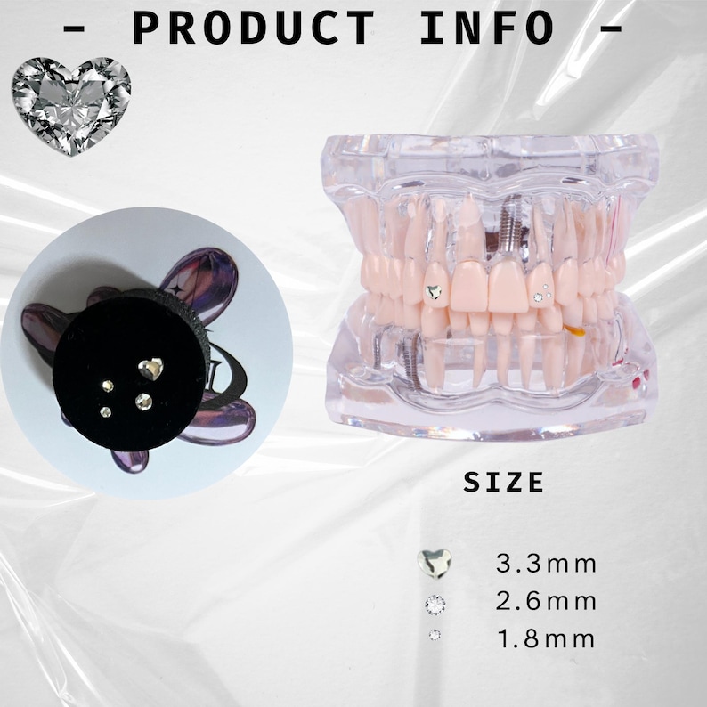May include: A set of tooth gems in various sizes, including a heart shape, round, and small round. The gems are shown on a black background and on a model of a human mouth. The sizes are listed as 3.3 mm, 2.6 mm, and 1.8 mm.
