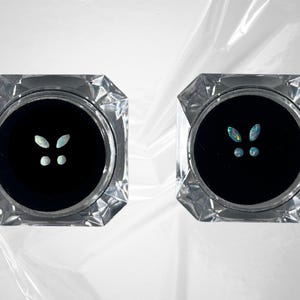 May include: Two clear glass containers with black lids, each containing three iridescent opal butterfly-shaped gems.