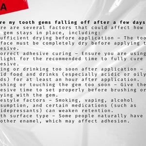 May include: A white background with black text explaining why tooth gems might fall off after a few days. The text lists seven reasons, including insufficient drying, incorrect adhesive curing, eating or drinking too soon after application, brushing or touching the gem too soon, lifestyle factors, and tooth surface type.