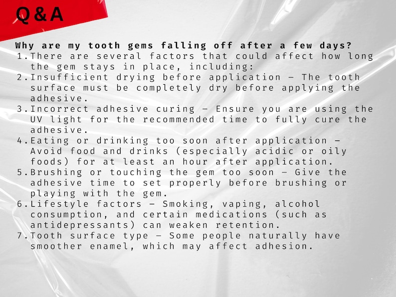 May include: A white background with black text explaining why tooth gems might fall off after a few days. The text lists seven reasons, including insufficient drying, incorrect adhesive curing, eating or drinking too soon after application, brushing or touching the gem too soon, lifestyle factors, and tooth surface type.