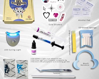 Kit profesional de pegamento adhesivo para gemas dentales con pegamento UV, gel y adhesivos de unión, boquillas, pinzas, esponja dental, retractor bucal y luz UV.