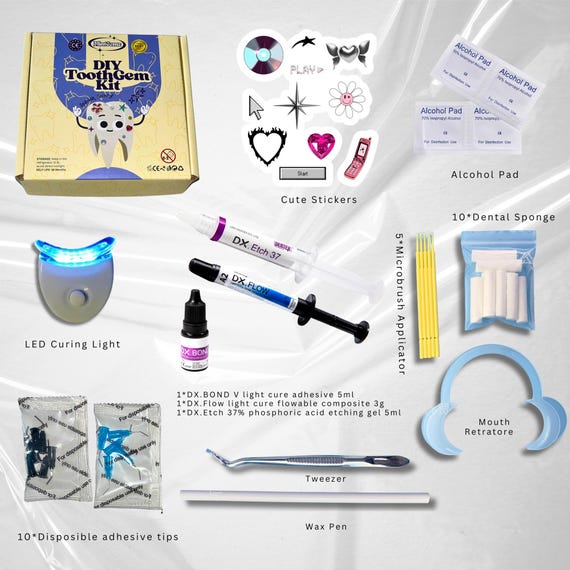 Professional Tooth Gem Adhesive Glue Kit with UV Glue, Gel and Bonding Adhesives, Nozzles, Tweezer, Dental Sponge, Mouth Retractor& UV Light