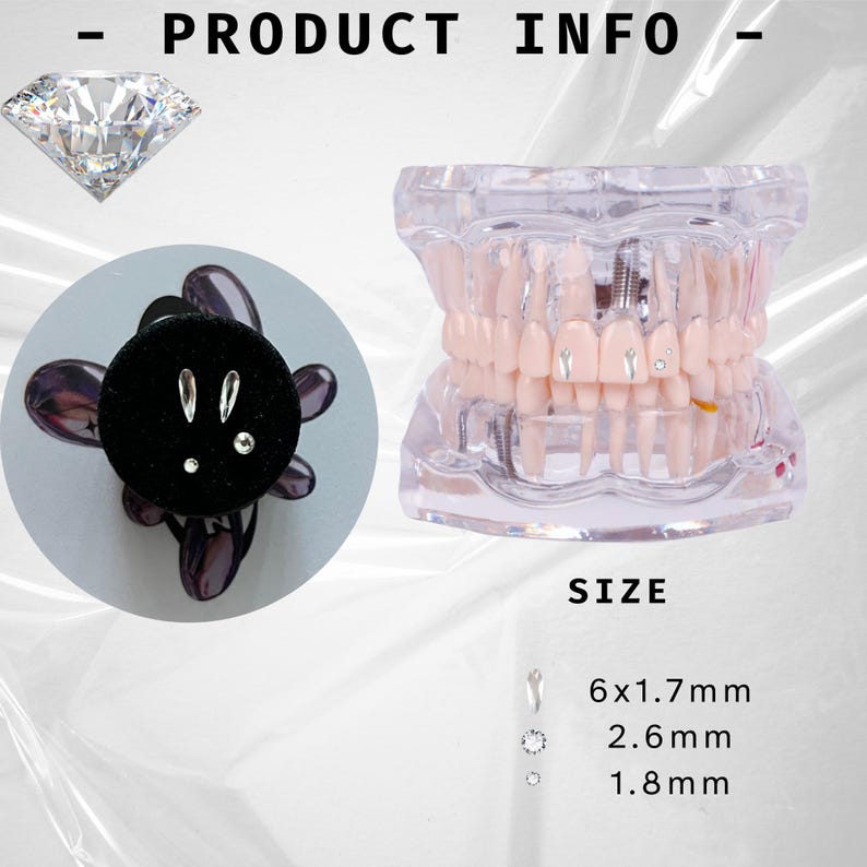 May include: A set of three silver tooth gems in different sizes. The gems are shown on a black velvet background and on a model of a human mouth. The sizes of the gems are 6x1.7 mm, 2.6 mm, and 1.8 mm.
