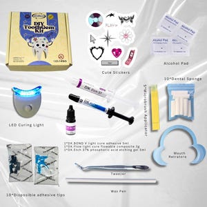 May include: DIY Tooth Gem Kit with all the tools and materials needed to create your own tooth gems. The kit includes a LED curing light, a bottle of light cure adhesive, a bottle of light cure flowable composite, a bottle of phosphoric acid etching gel, 5 microbrush applicators, 10 disposable adhesive tips, a tweezer, a wax pen, 10 dental sponges, and alcohol pads.