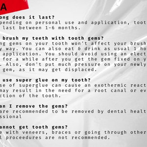 May include: A Q&A infographic about tooth gems, including information on how long they last, how to brush with them, and who cannot get them.
