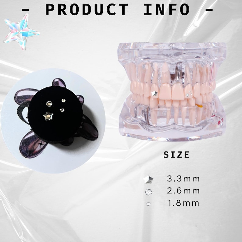 May include: A set of five silver tooth gems in different sizes, including a star shape. The gems are displayed on a black velvet pad and a model of a human mouth. The sizes of the gems are listed as 3.3 mm, 2.6 mm, and 1.8 mm.