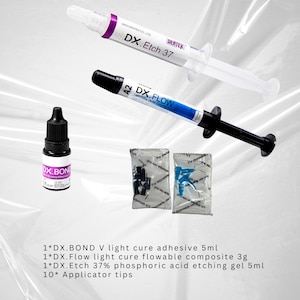 May include: A set of dental products including a bottle of DX.BOND V light cure adhesive, a syringe of DX.Flow light cure flowable composite, a syringe of DX.Etch 37% phosphoric acid etching gel, and 10 applicator tips.