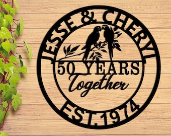 Personalized 50th Anniversary Gift, Golden Anniversary, Wedding Anniversary Metal Wall Art, 50 Year Anniversary Sign, Parrots Metal Sign