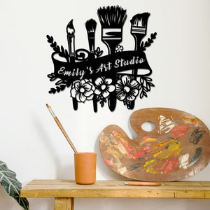 Arte de pared metálico para estudio de arte, letrero de estudio de arte, letrero personalizado con el nombre del artista, regalos para artistas, letrero para pintar, regalo para amantes del dibujo