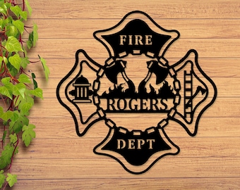 May include: Black metal fire department sign with a cross shape. The sign has the words "FIRE DEPT" and "ROGERS" in the center. The sign also has a fire hydrant, an axe, a ladder, and two firefighters.