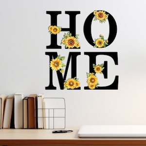 Arte de parede para casa, letras com girassol, arte de parede de metal, letras suspensas, decoração de parede, sinal de carta, presente de inauguração, monograma, arte de parede