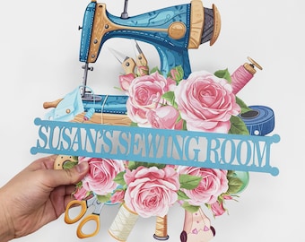 Letrero personalizado para sala de costura, máquina de coser vintage con rosas, decoración artesanal personalizada