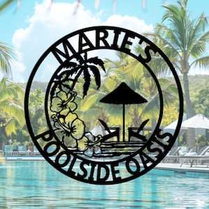 Custom Backyard Pool Sign, Personalized Poolside Paradise Sign,  Pool Bar Patio Metal Sign, Palm Tree Sign, Oasis Sign, Beach House Decor