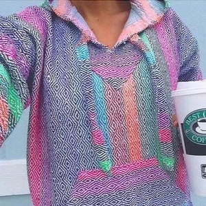 Mexican Baja Hoodie Hippie Pullover Surfer Poncho Beach Sweatshirt Colorful Pink