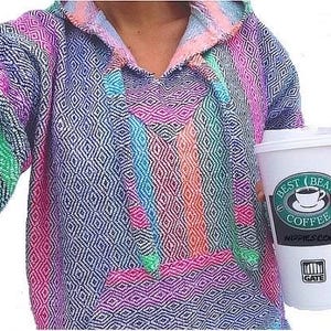 Mexican Baja Hoodie Hippie Pullover Surfer Poncho Beach Sweatshirt Colorful Pink