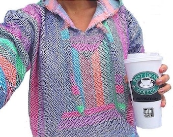 Mexican Baja Hoodie Hippie Pullover Surfer Poncho Beach Sweatshirt Colorful Pink