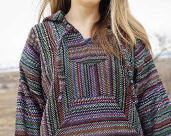 Mexican Baja Hoodie Hippie Pullover Surfer Poncho Beach Sweatshirt