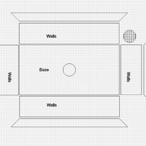 May include: A technical drawing of a rectangular structure with labeled components. The base is labeled, with a central circle. The walls are labeled on the sides. A circular component with small holes is in the top right corner. The background is a grid.