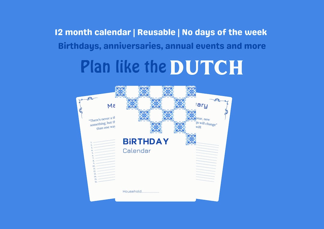 Perpetual Birthday Calendar, Dutch Inspired, Perfect for All Households