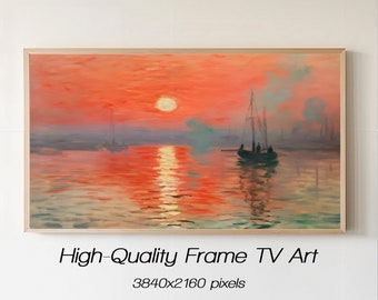 Beautiful Ocean Sunset from Boat Portrait, Ocean Scenic Oil Painting, Sunset Frame TV Art, Scenic Ocean Background TV Art, Digital Download