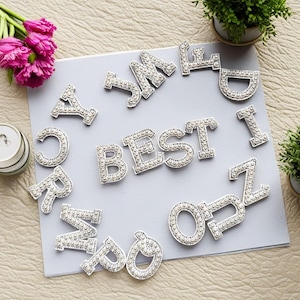 Parche de estampado en caliente personalizado con letra de perla blanca, parches con iniciales de perla, parches de alfabeto para planchar, letras para manualidades DIY, calcomanías de letras para tela.