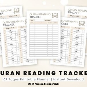 Pode incluir: Um rastreador de leitura do Corão imprimível com sete páginas. O rastreador tem um design simples com um fundo marrom claro e texto preto. O texto inclui as palavras "Quran Reading Tracker" e "DFW Muslim Sisters Club".