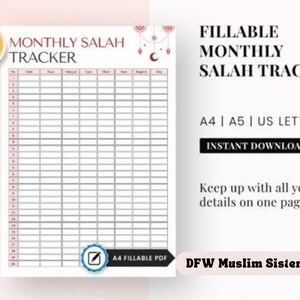 Pode incluir: Um rastreador de orações mensal imprimível com um design rosa e branco. O rastreador inclui colunas para a data, a hora e o tipo de oração. O texto "MONTHLY SALAH TRACKER" está no topo da página. O texto "A4 FILLABLE PDF" está na parte inferior da página.