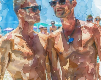 Gay Art, Fire Island boys, Gay Wall Art, Gay Classic Watercolors, Gay Gifts, LGBTQ Wall Poster, Gay Pop Art, Bright Colors, Love is Love