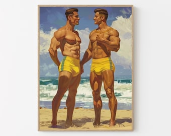 Gay Art 1930's Gay Print Wall Art Gay Gifts Queer Wall Poster, Gay Pop Art  Gay Art Deco Printable Wall Art Men Yellow Swimwear on Fire Is.