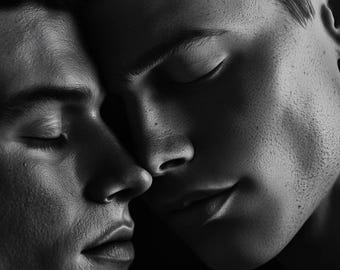 Arte gay, rostros oscuros, hermosa impresión en blanco y negro, arte de pared gay, excelentes regalos gay, póster de pared gay, arte gay con dos hombres besándose, póster perfecto