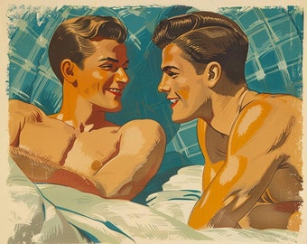 Gay Art, Gay Couple, Gay Print, Gay Wall Art, 1960s Gay Couple, Gay Gifts, LGBTQ+ Wall Poster, Gay Pop Art, Gay Art Deco, Printable Wall Art