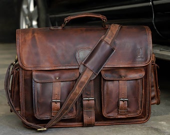 Handgefertigte Messenger-Cross-Body-Laptoptasche aus Büffelleder, personalisierte Bürohandtasche, Aktentasche, rustikale Vintage-Messengertasche für Männer und Frauen